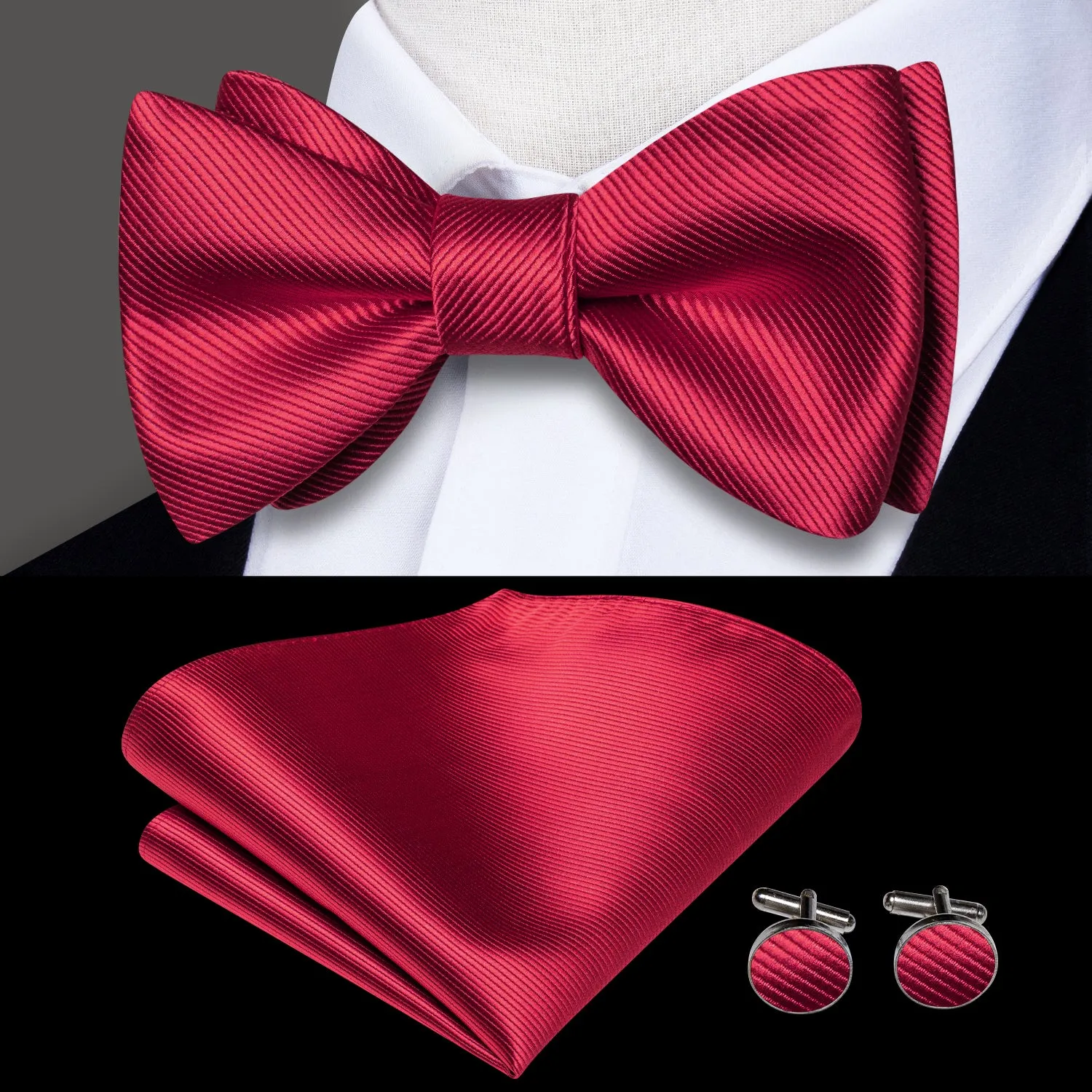 Deep Red Striped Silk Self-tied Bow Tie Pocket Square Cufflinks Set