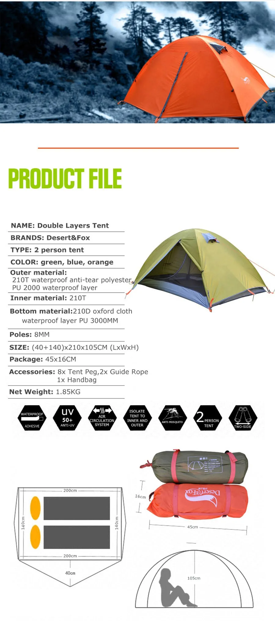 Easy Setup Camping Tent for 2 Person Aluminum Pole Lightweight Breathable