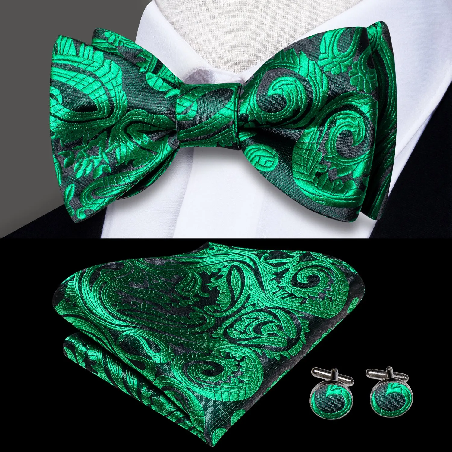 Emerald Green Paisley Silk Self-tied Bow Tie Pocket Square Cufflinks Set