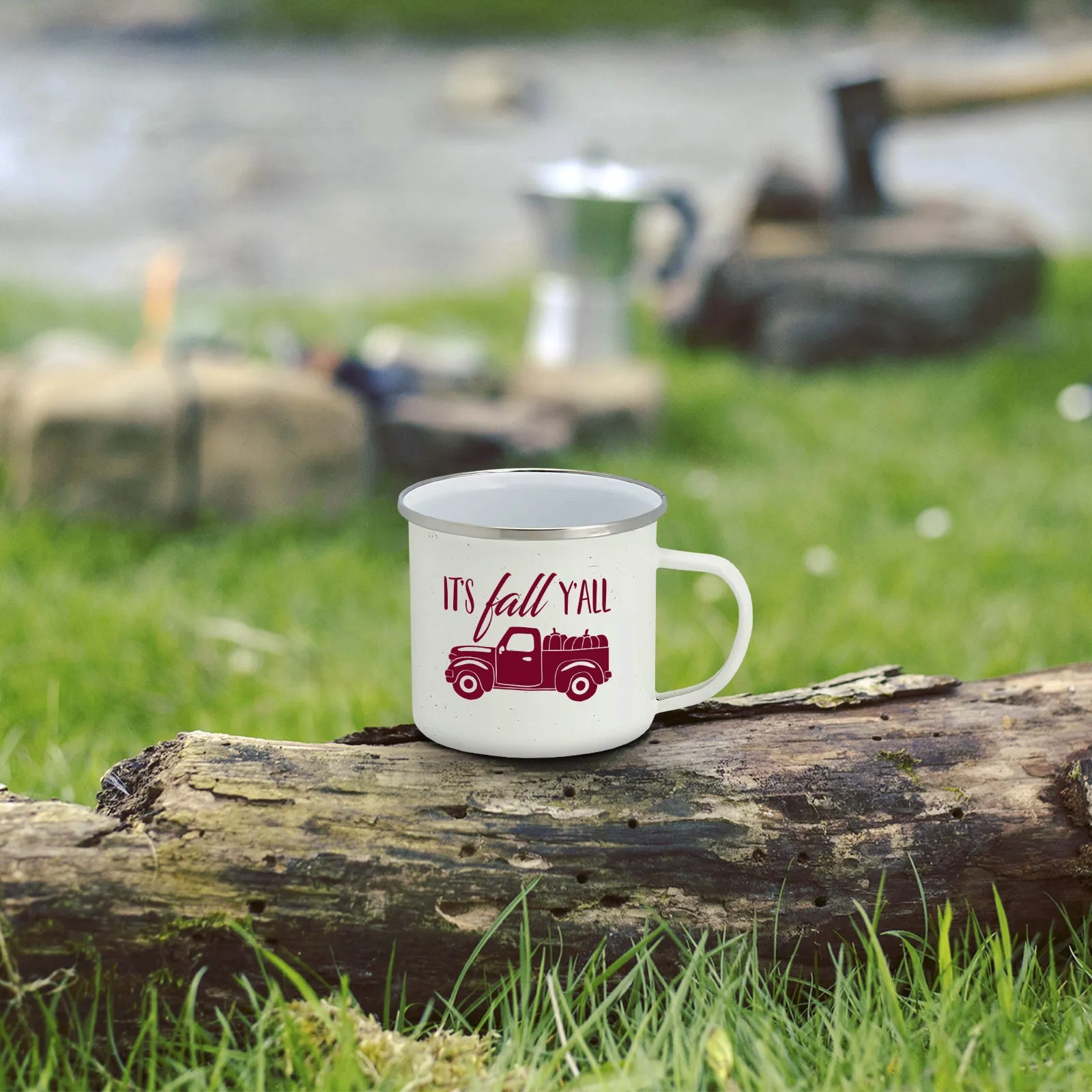 Fall Truck Enamel Camping Coffee Mug"It's Fall Ya'll" Tin Cup 15 Ounce (White Speckled with Burgundy Print)