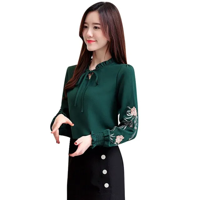 Fashion Women Flower Embroidery Casual Long Shirt