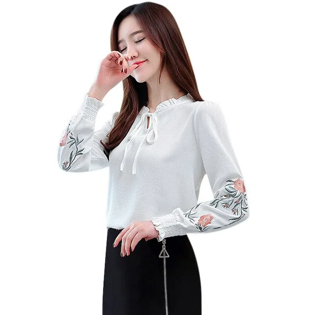 Fashion Women Flower Embroidery Casual Long Shirt