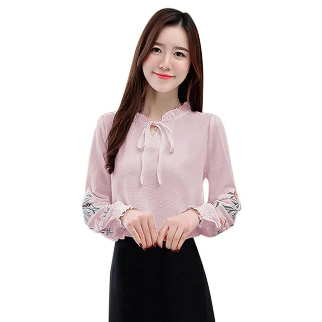 Fashion Women Flower Embroidery Casual Long Shirt