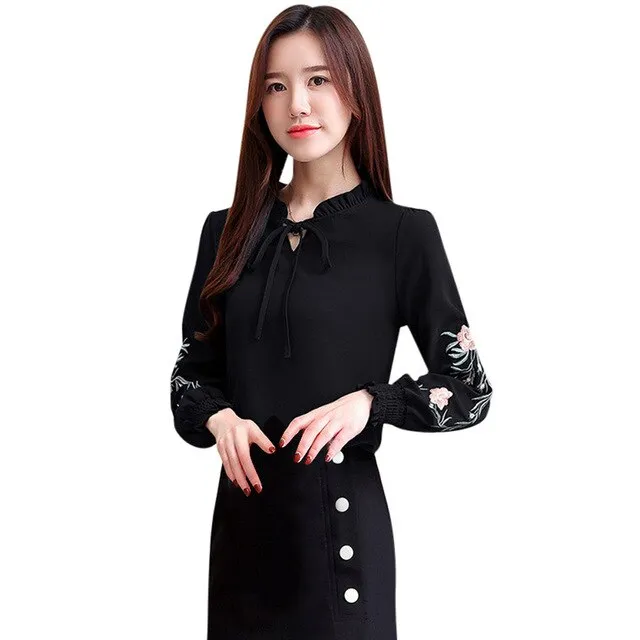 Fashion Women Flower Embroidery Casual Long Shirt