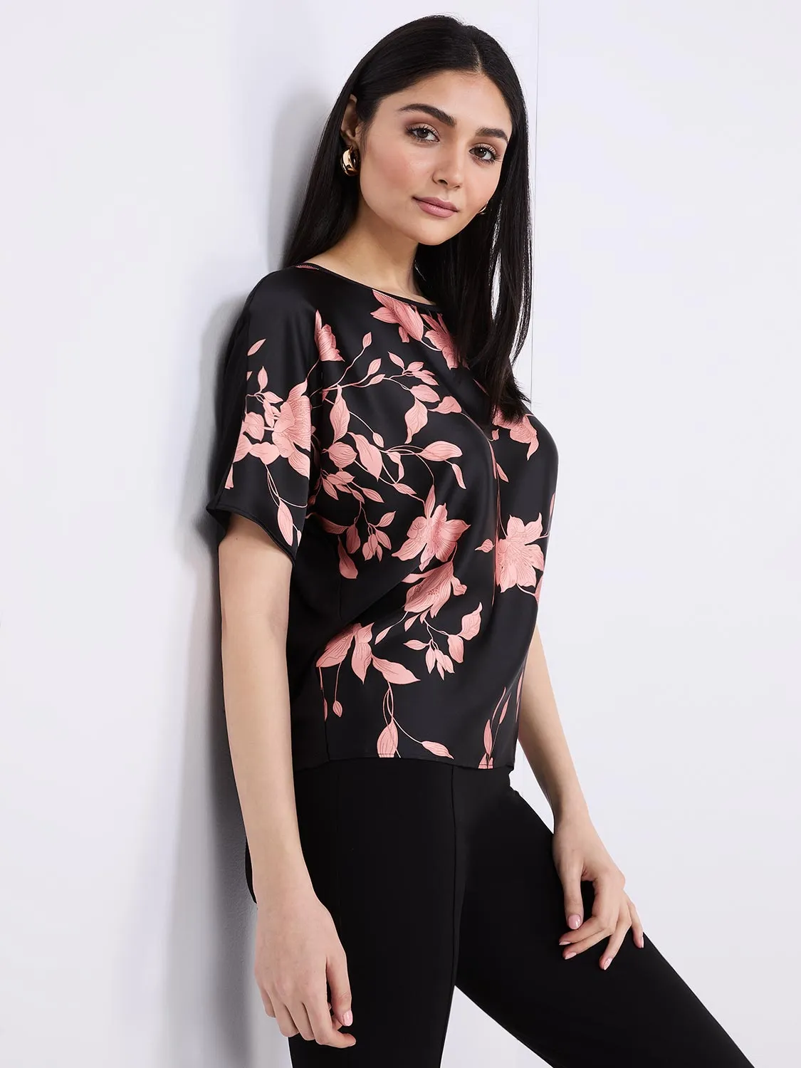 Floral Print Satin Front Dolman Sleeve T-Shirt