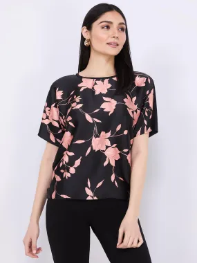 Floral Print Satin Front Dolman Sleeve T-Shirt