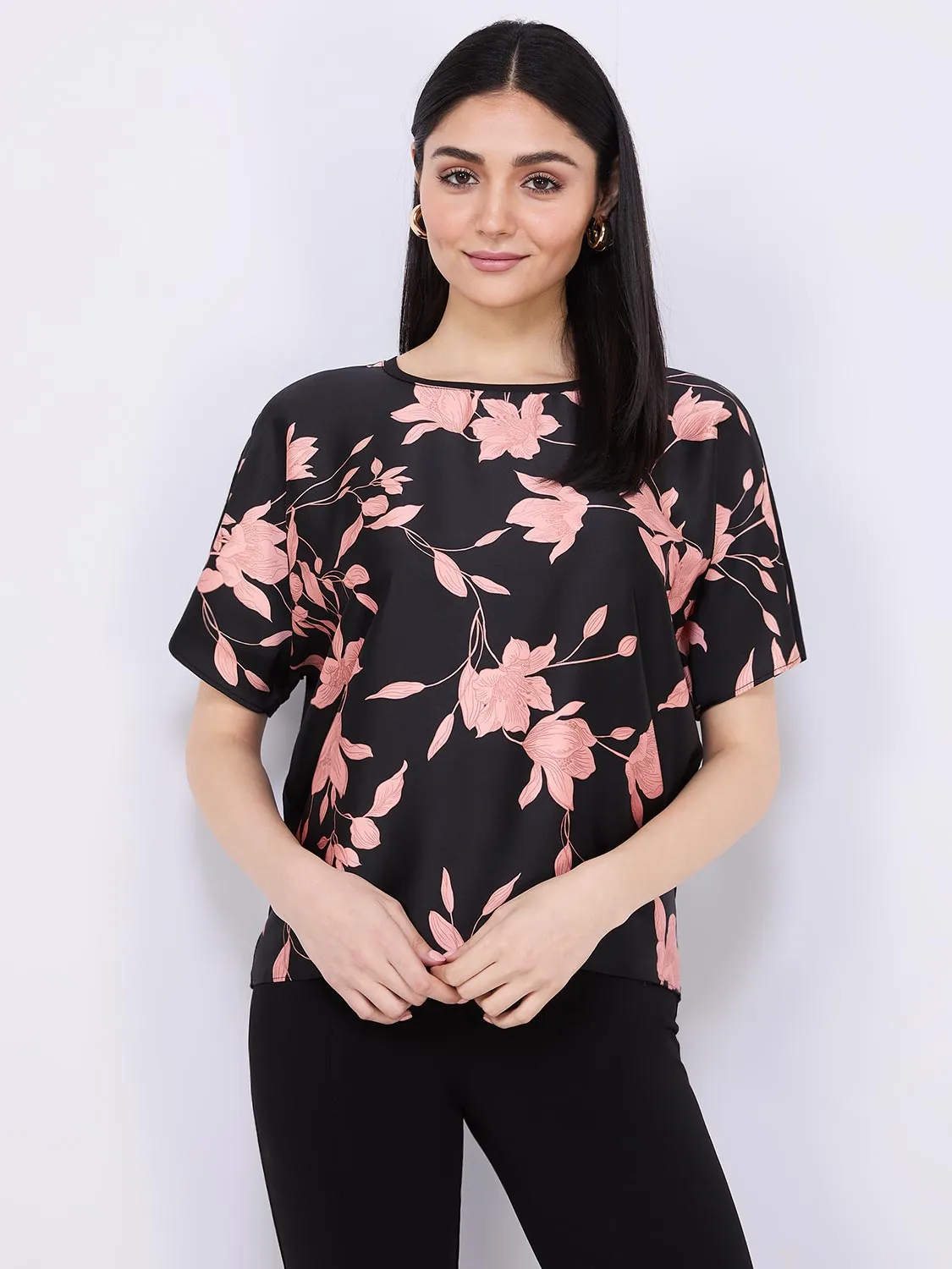 Floral Print Satin Front Dolman Sleeve T-Shirt