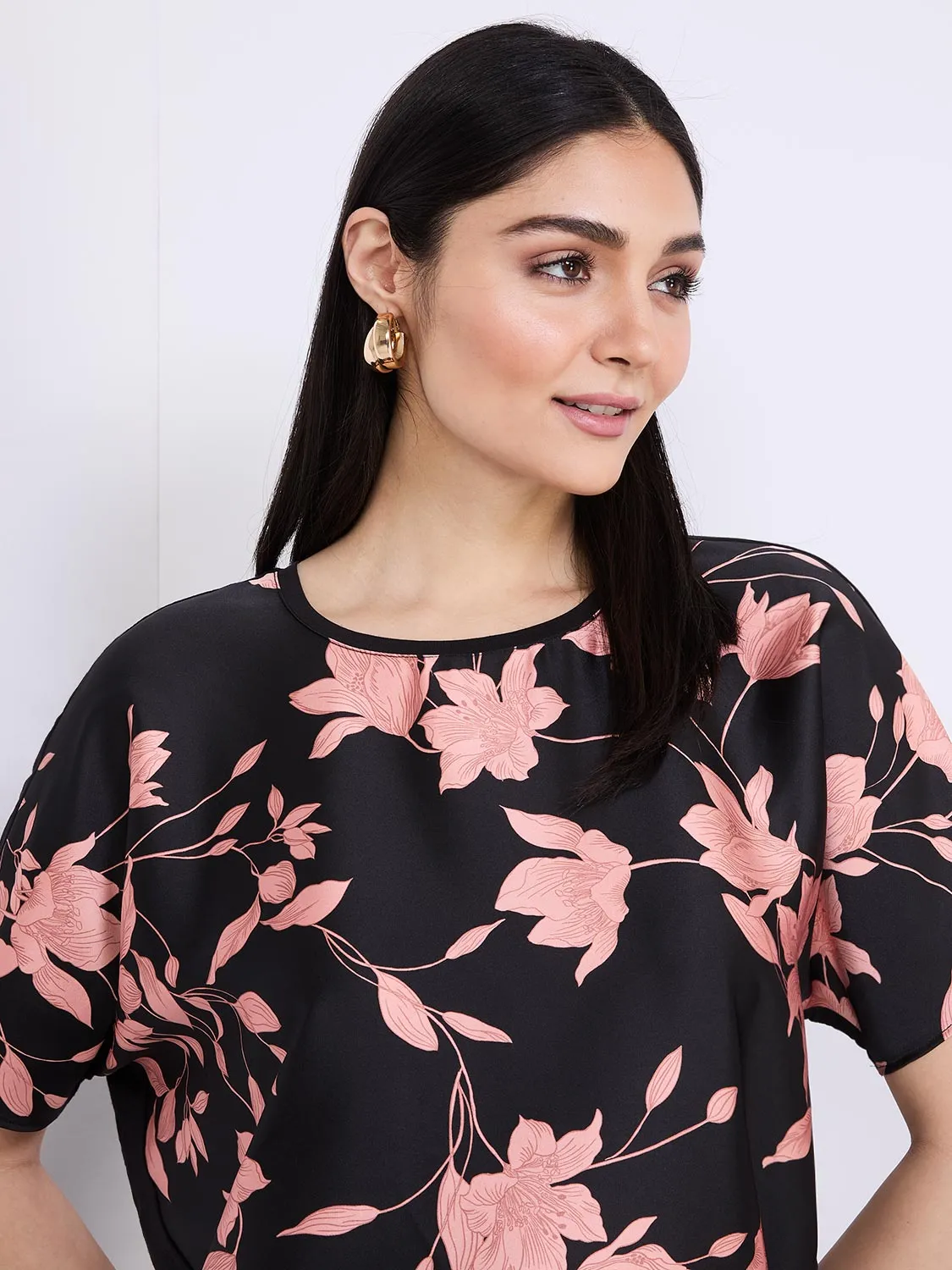 Floral Print Satin Front Dolman Sleeve T-Shirt