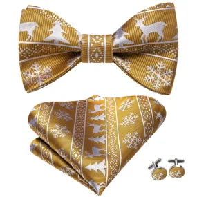 Gold White Christmas Deer Self-tied Bow Tie Hanky Cufflinks Set