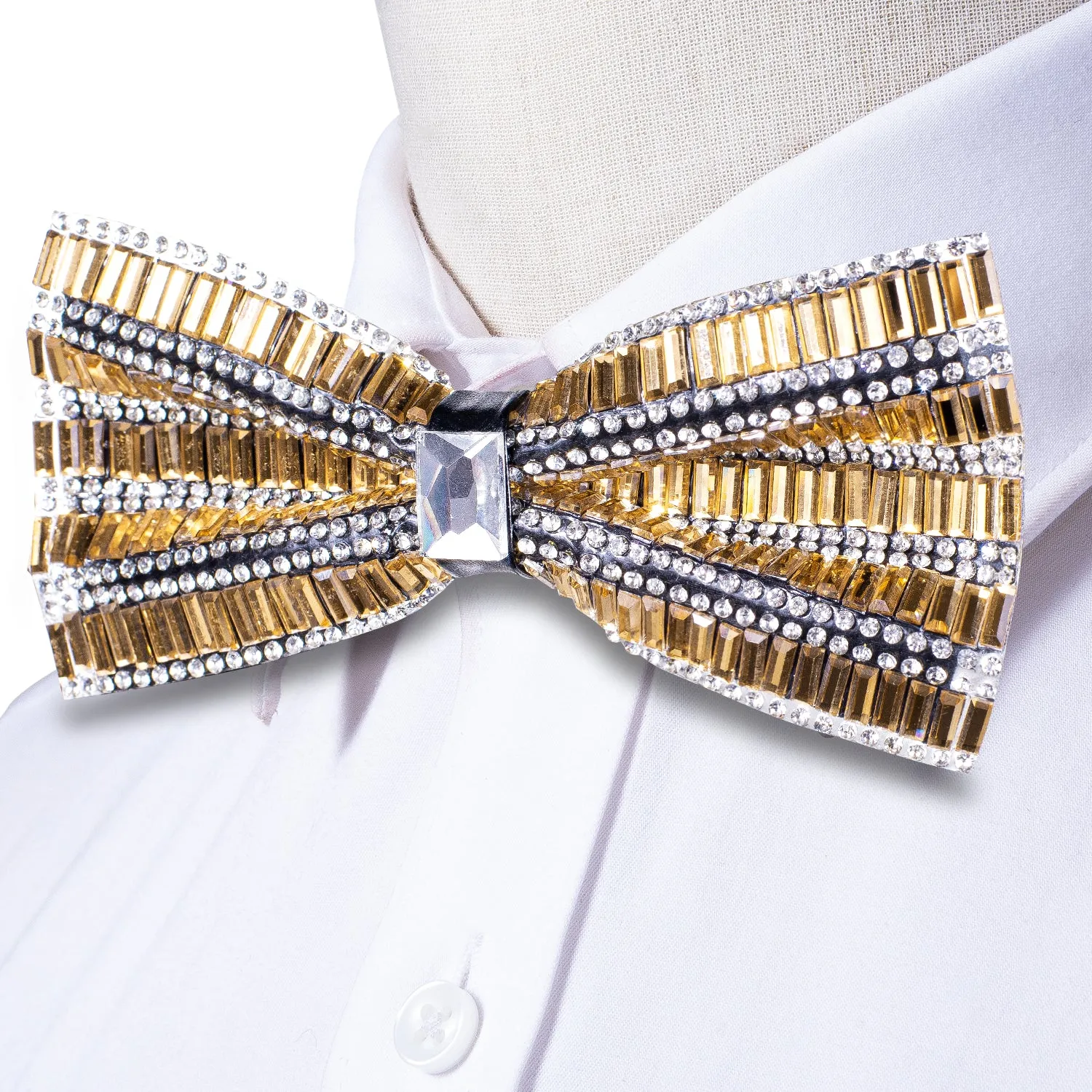 Golden White Rhinestone Pre-tied Adjustable Length Bow Tie