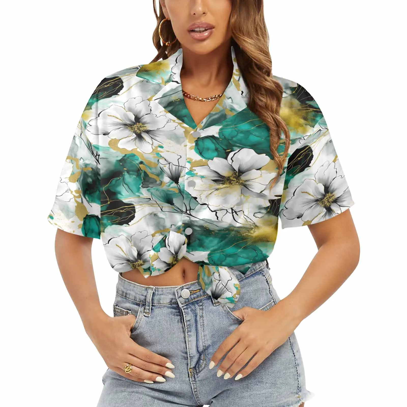 Green and White Ink Floral Women's Hawaiian Shirt