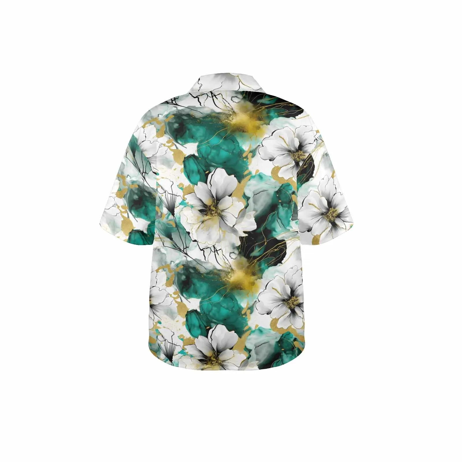 Green and White Ink Floral Women's Hawaiian Shirt