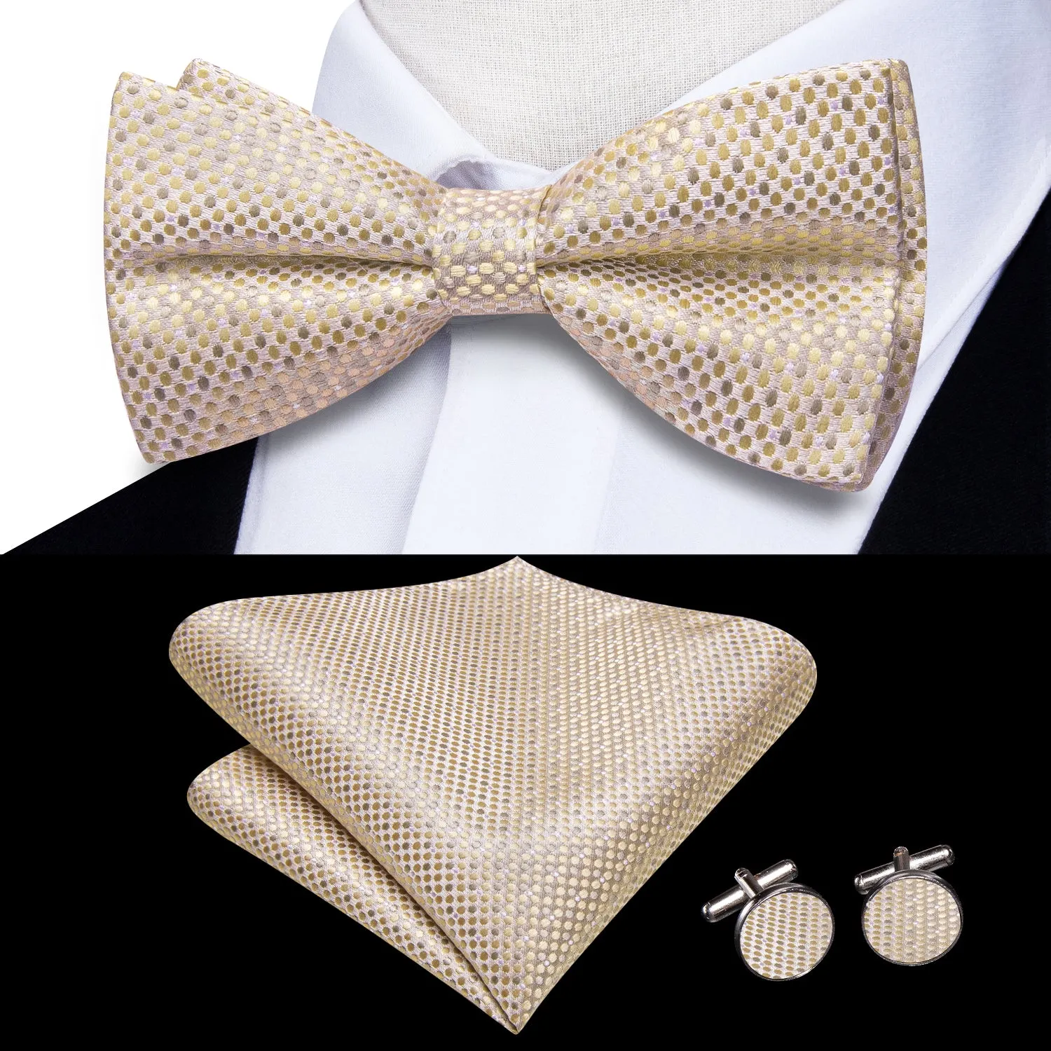 Hi-Tie Beige Dot Pre-tied Bow Tie Hanky Cufflinks Set