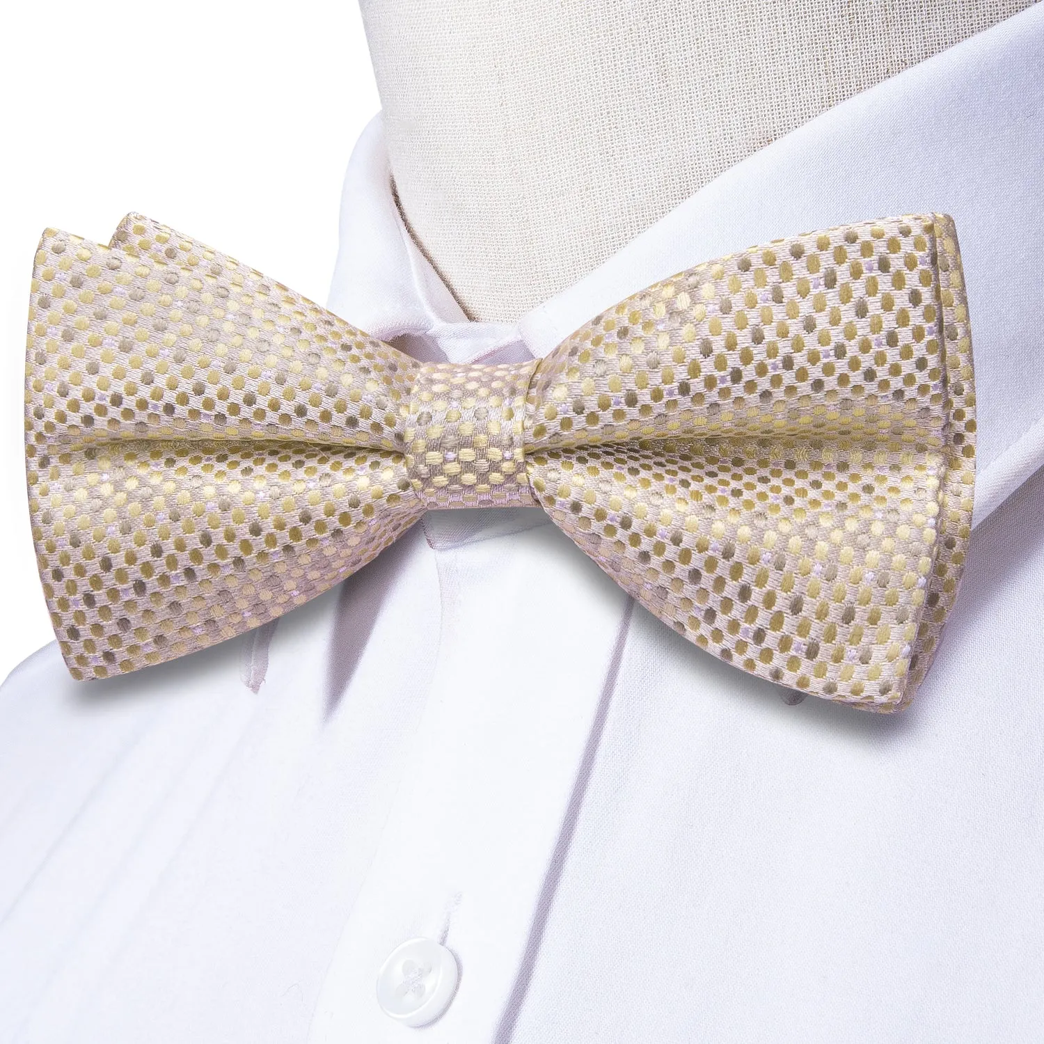 Hi-Tie Beige Dot Pre-tied Bow Tie Hanky Cufflinks Set