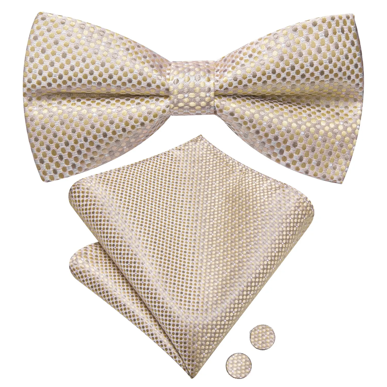 Hi-Tie Beige Dot Pre-tied Bow Tie Hanky Cufflinks Set