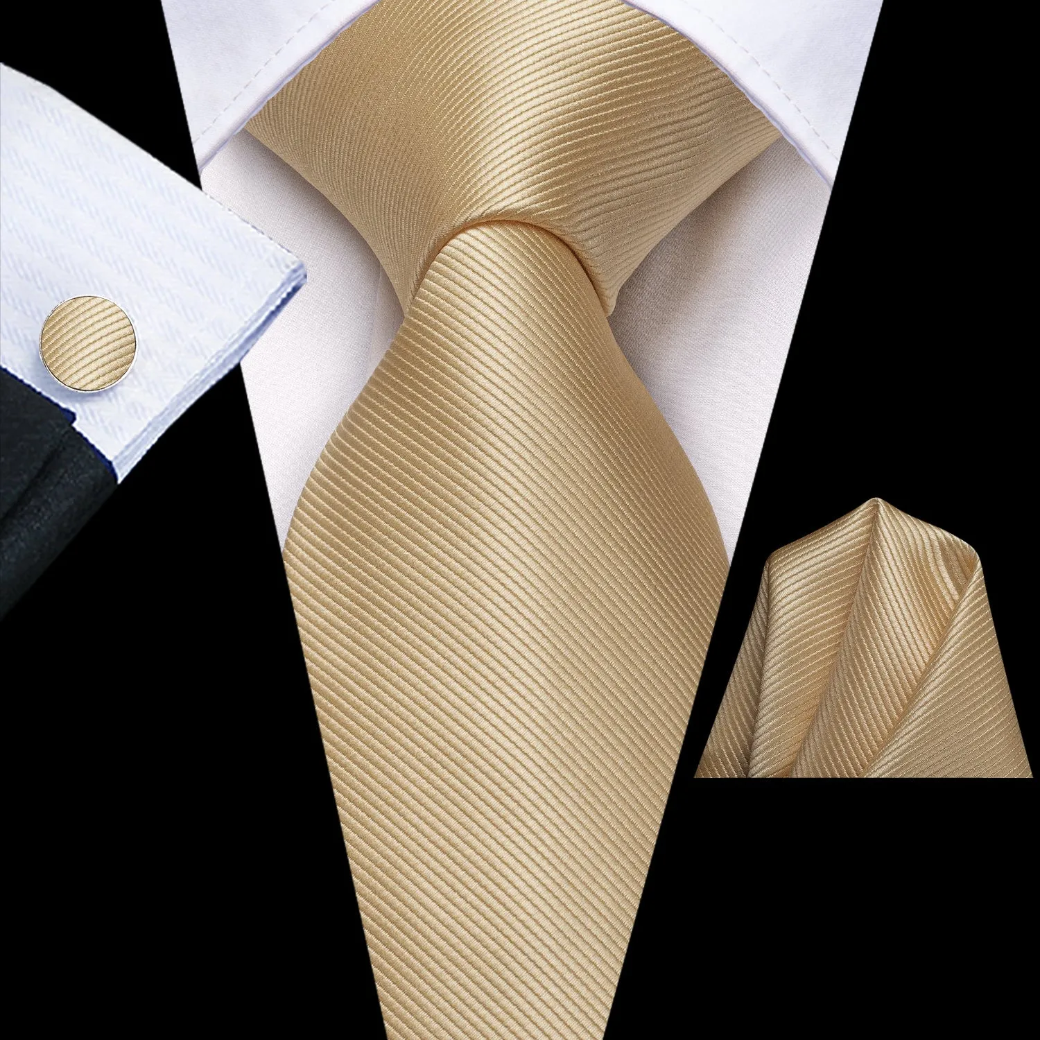 Hi-Tie Beige Necktie Taupe Brown Solid Tie Pocket Square Cufflinks Set