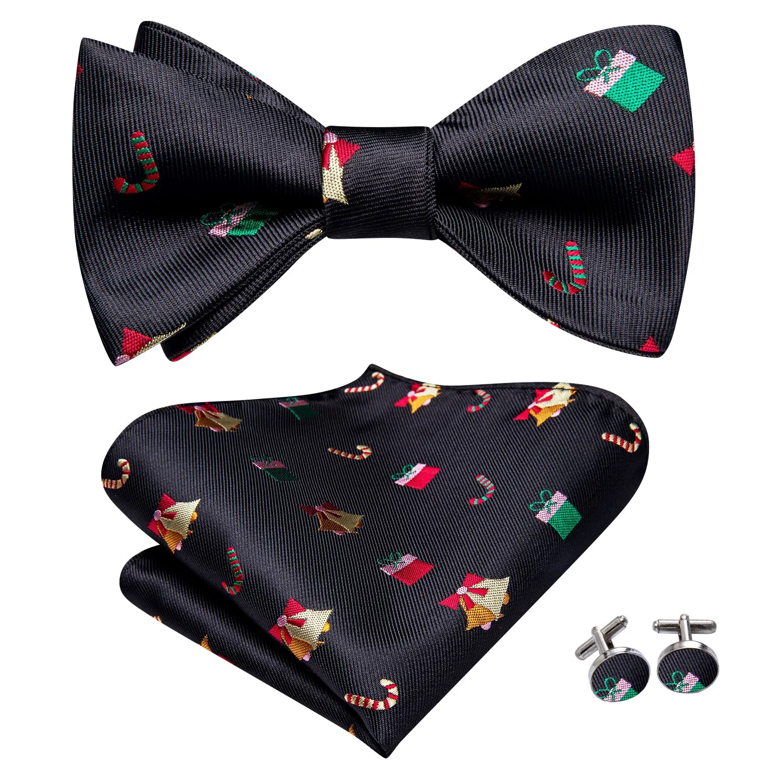 Hi-Tie Black Christmas Novelty Self-tied Bow Tie Hanky Cufflinks Set