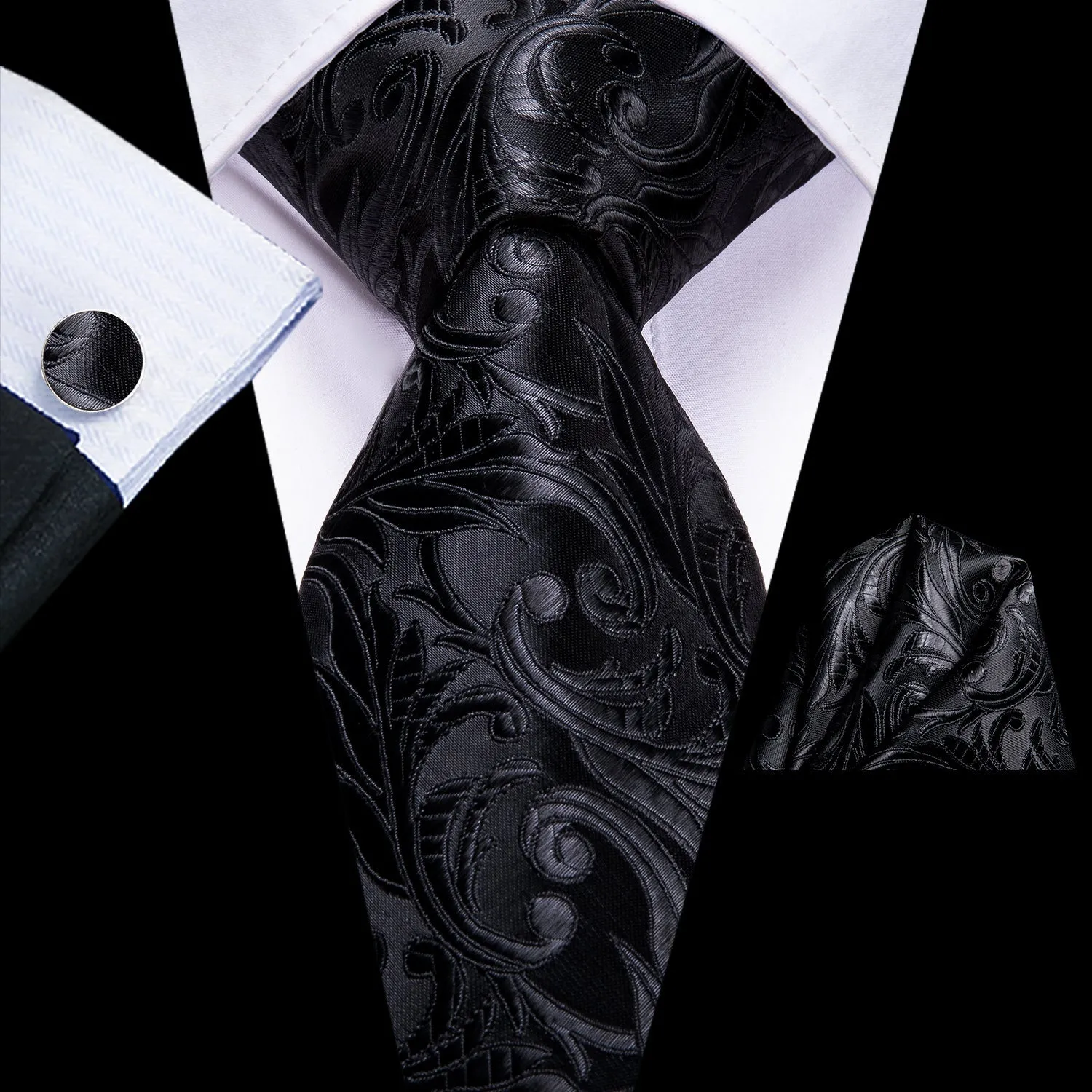 Hi-Tie Black Floral Extra Long 63 Inch Tie Pocket Square Cufflinks Set