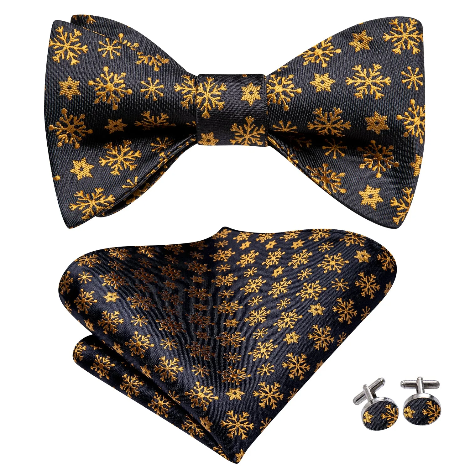 Hi-Tie Black Golden Christmas Snowflake Bow Tie Hanky Cufflinks Set