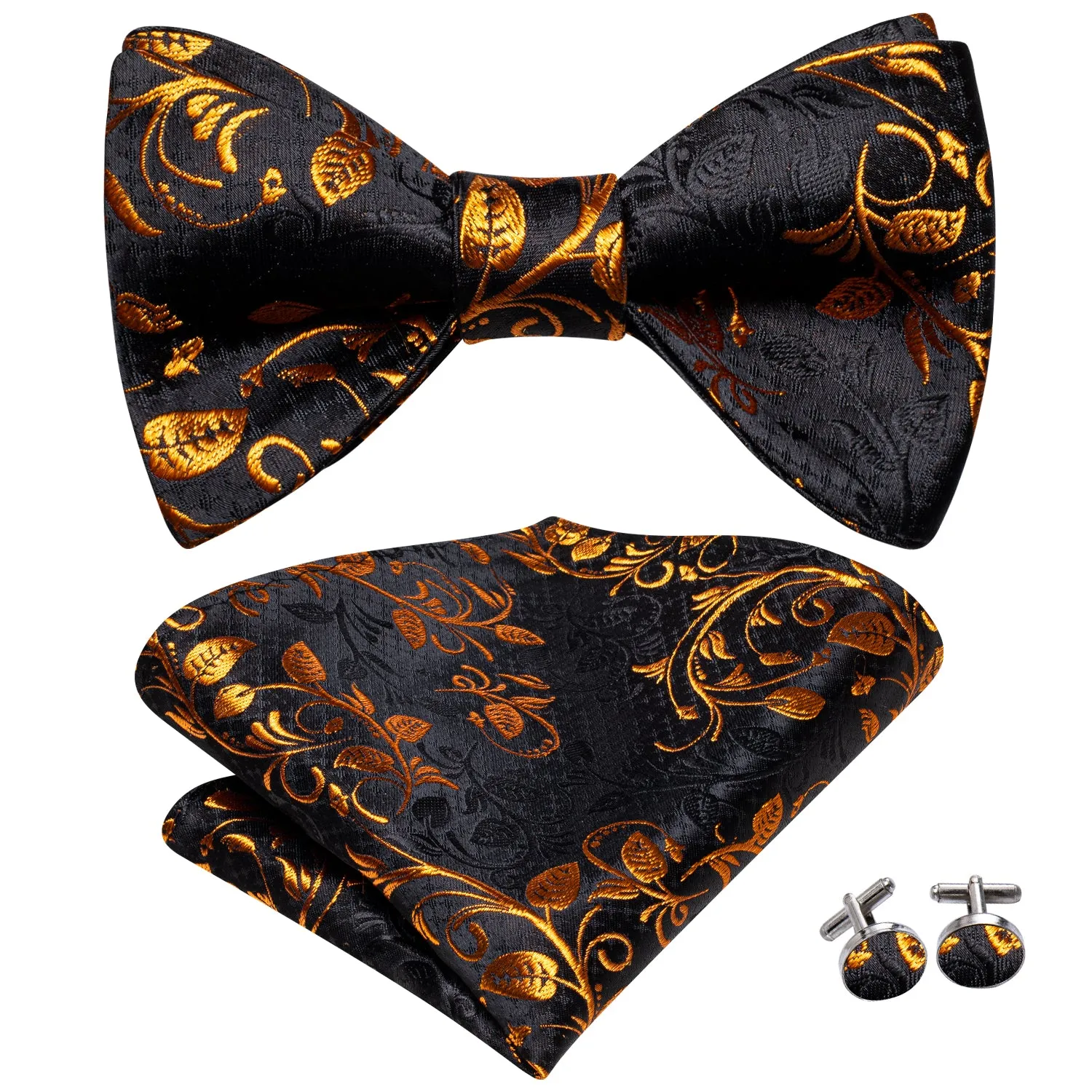 Hi-Tie Black Golden Floral Silk Self-tied Bow Tie Hanky Cufflinks Set