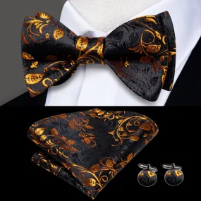 Hi-Tie Black Golden Floral Silk Self-tied Bow Tie Hanky Cufflinks Set