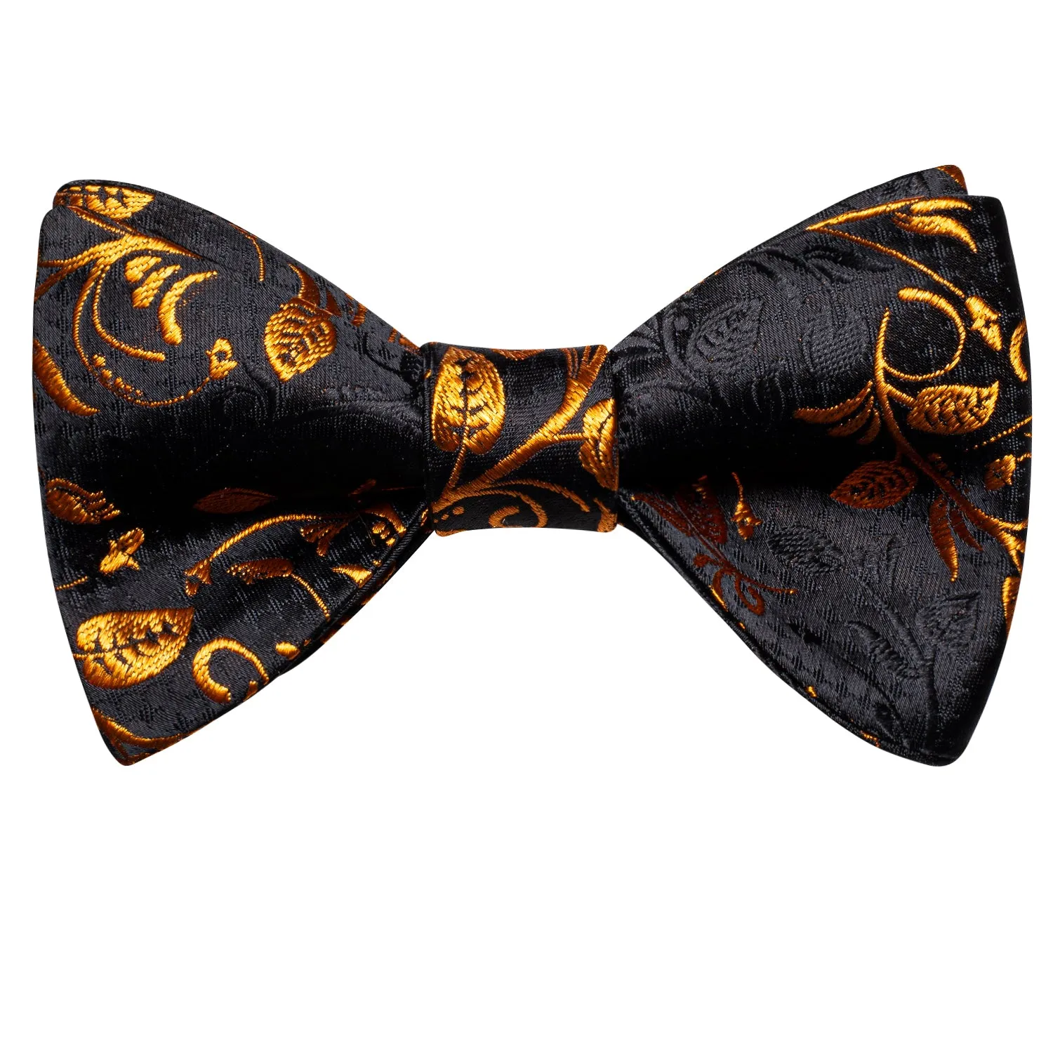 Hi-Tie Black Golden Floral Silk Self-tied Bow Tie Hanky Cufflinks Set