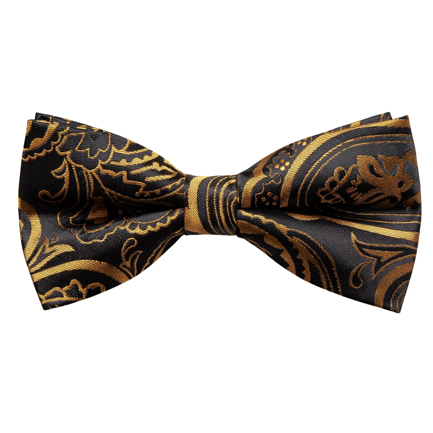 Hi-Tie Black Golden Paisley Pre-tied Bow Tie Hanky Cufflinks Set