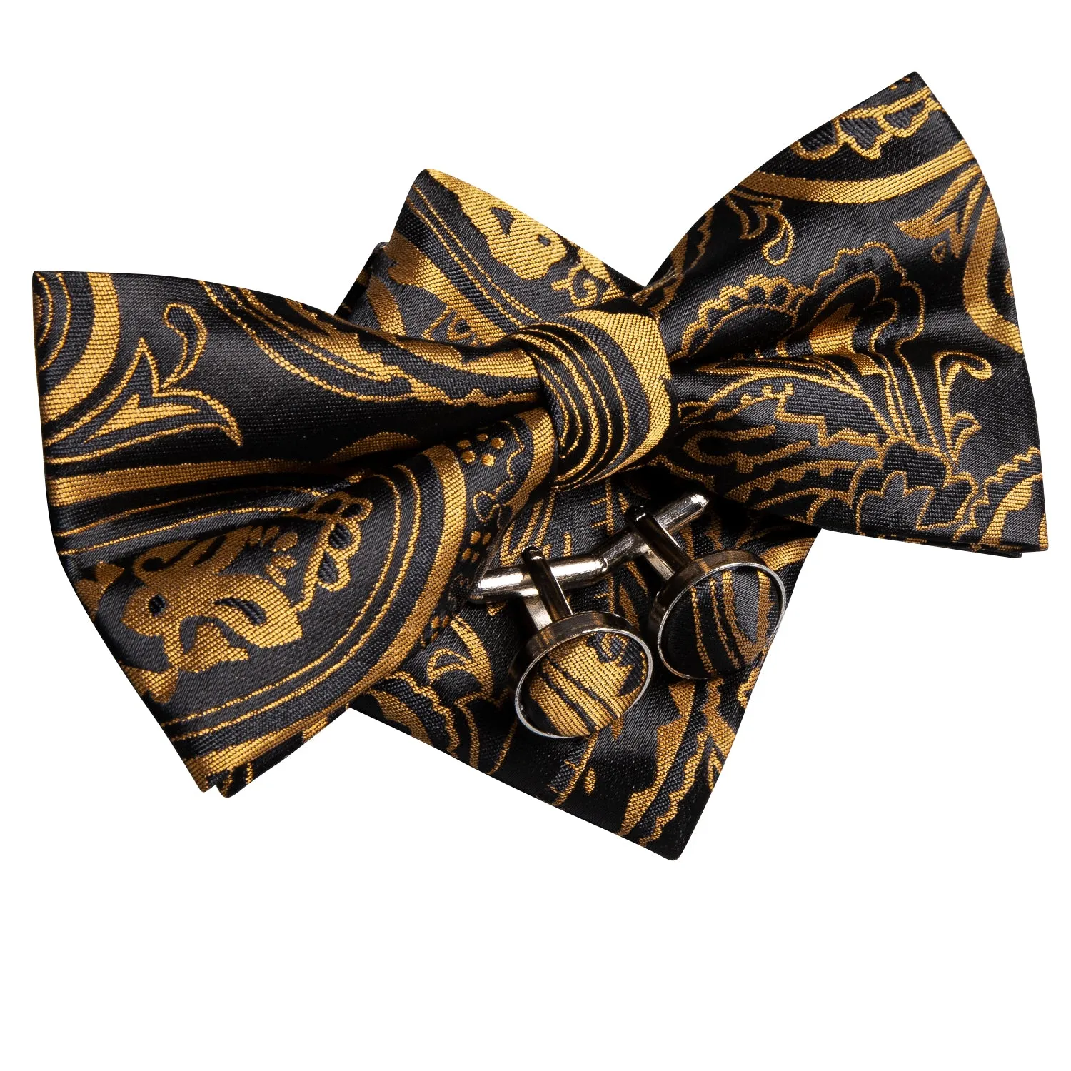 Hi-Tie Black Golden Paisley Pre-tied Bow Tie Hanky Cufflinks Set