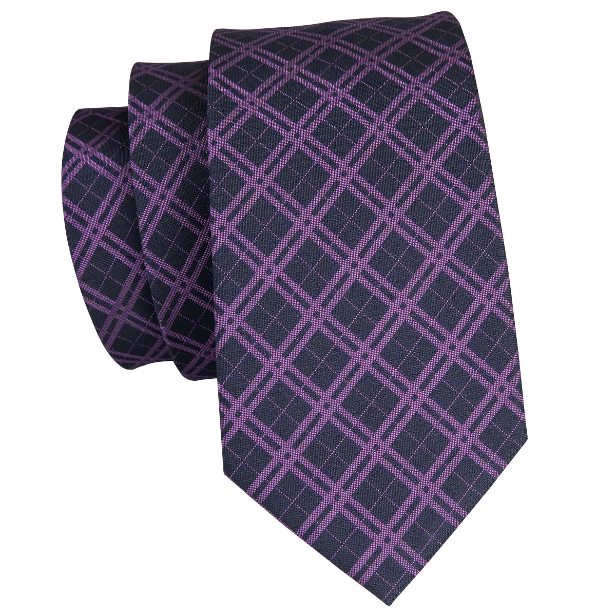 Hi-Tie Black Purple Plaid Mens Tie Set Tie Pocket Square Cufflinks Set