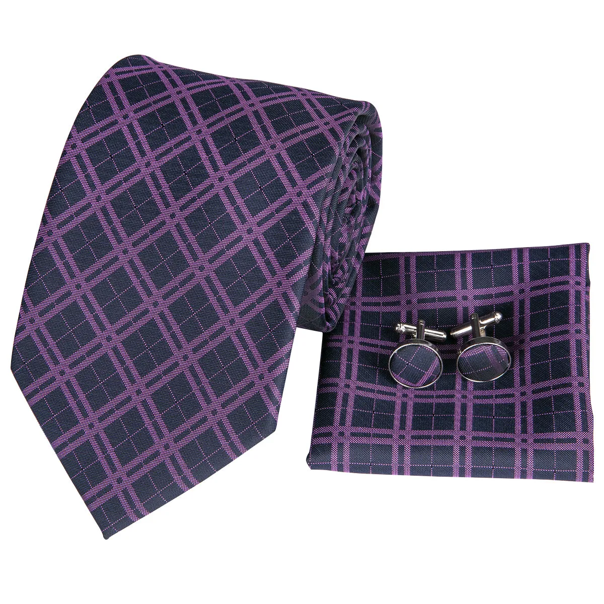 Hi-Tie Black Purple Plaid Mens Tie Set Tie Pocket Square Cufflinks Set