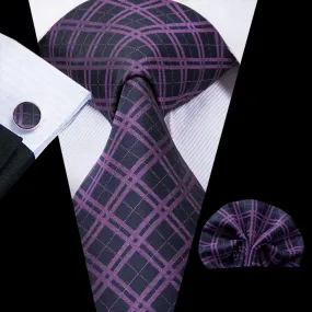 Hi-Tie Black Purple Plaid Mens Tie Set Tie Pocket Square Cufflinks Set