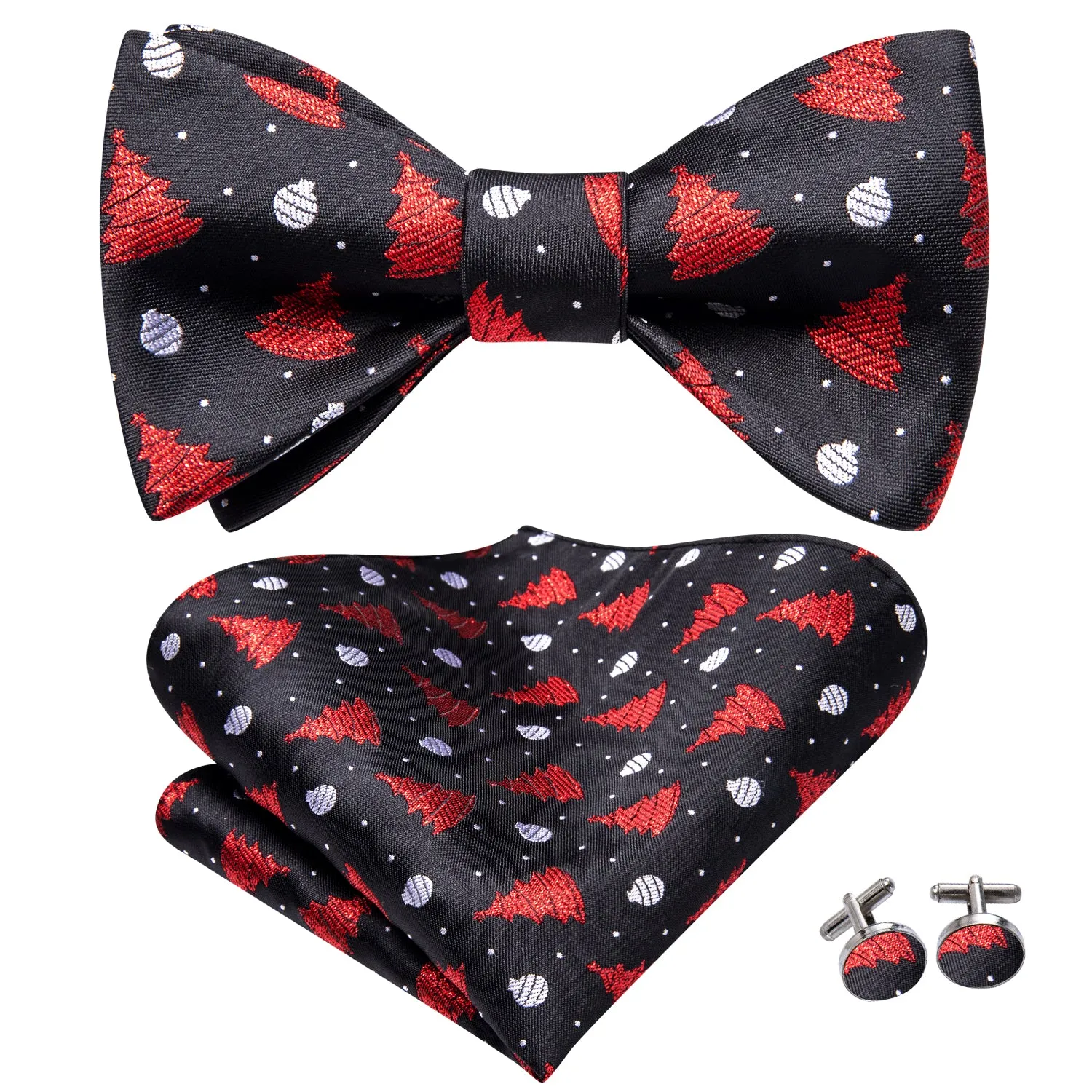 Hi-Tie Black Red Christmas Tree Self-tied Bow Tie Hanky Cufflinks Set