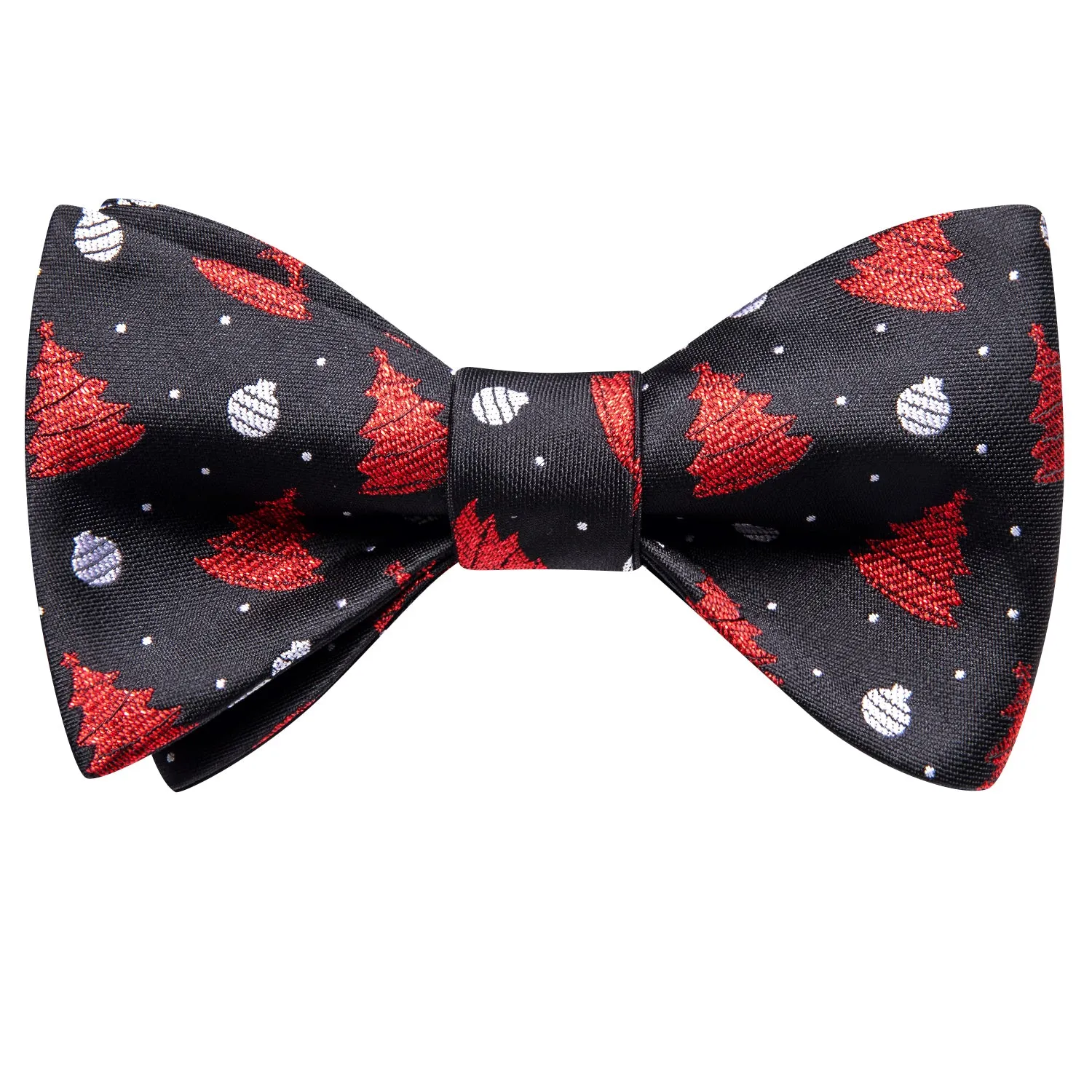 Hi-Tie Black Red Christmas Tree Self-tied Bow Tie Hanky Cufflinks Set