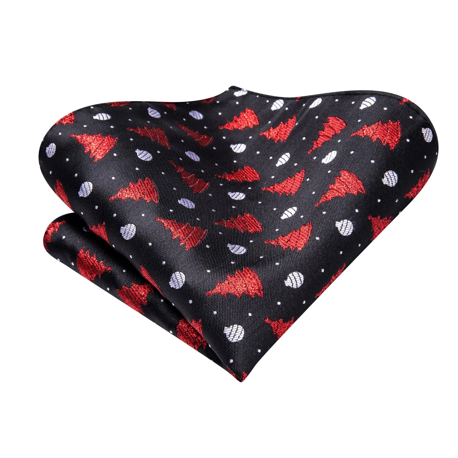 Hi-Tie Black Red Christmas Tree Self-tied Bow Tie Hanky Cufflinks Set