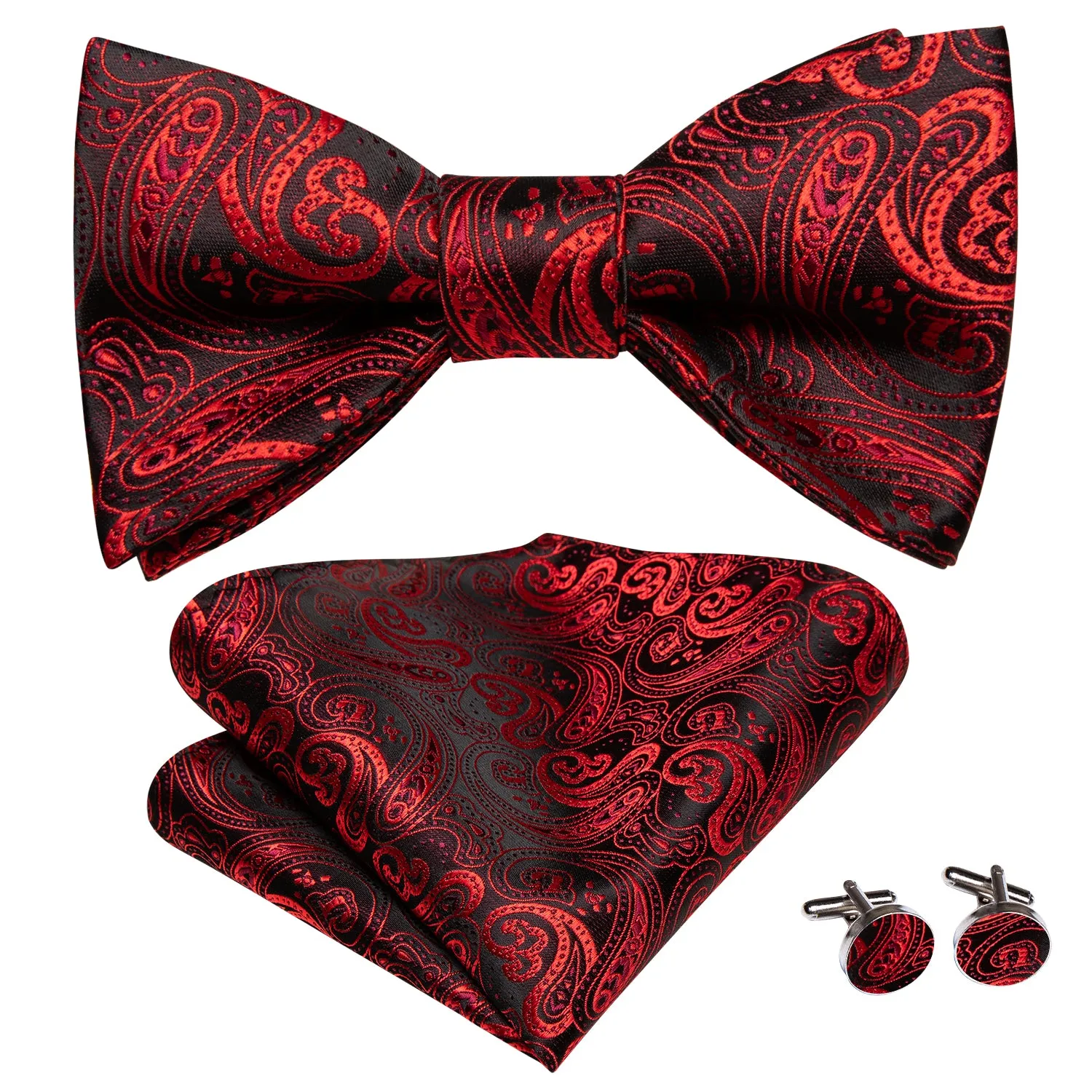 Hi-Tie Black Red Paisley Self-tied Bow Tie Pocket Square Cufflinks Set