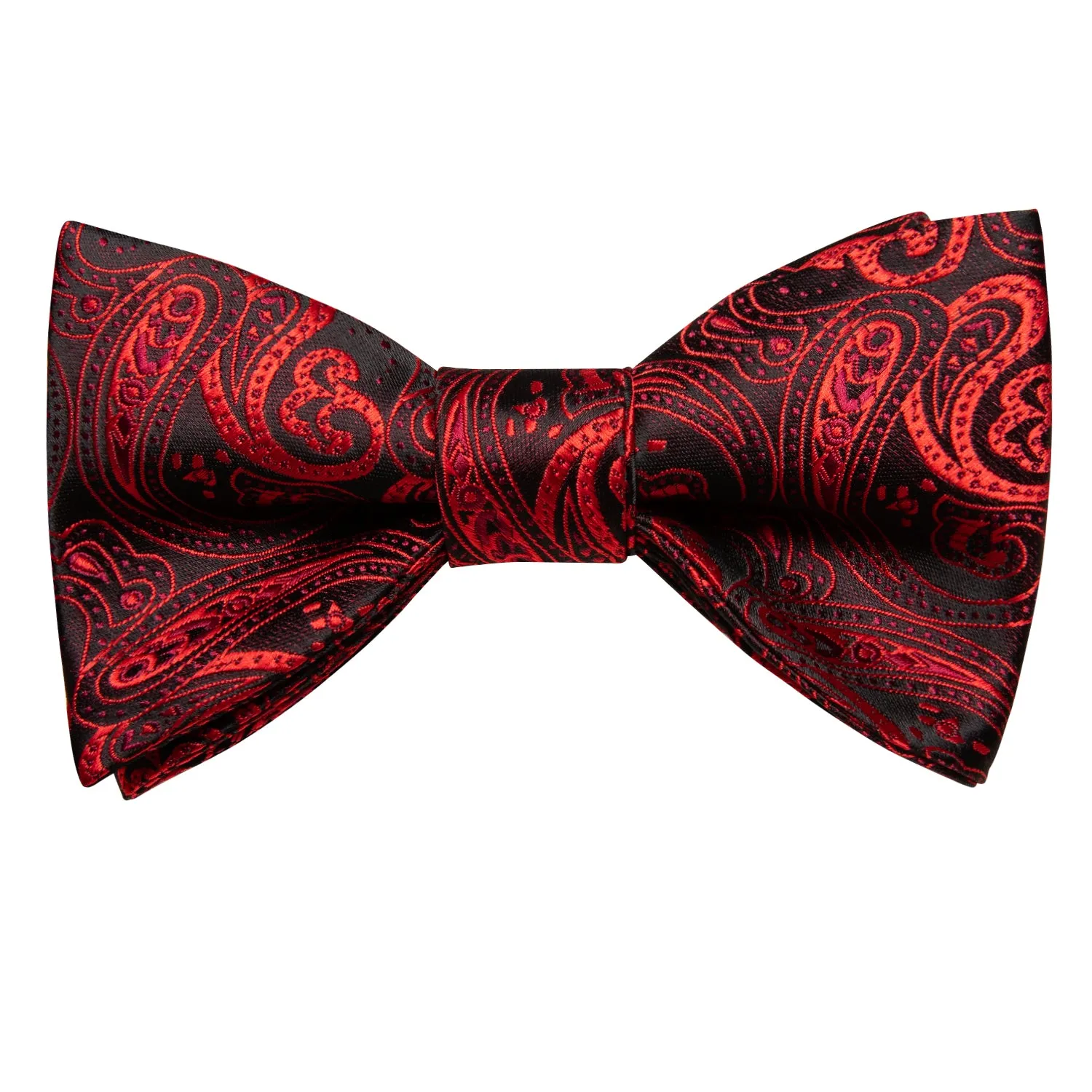 Hi-Tie Black Red Paisley Self-tied Bow Tie Pocket Square Cufflinks Set