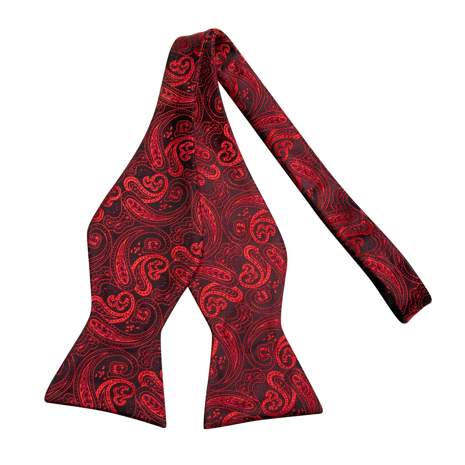 Hi-Tie Black Red Paisley Self-tied Bow Tie Pocket Square Cufflinks Set