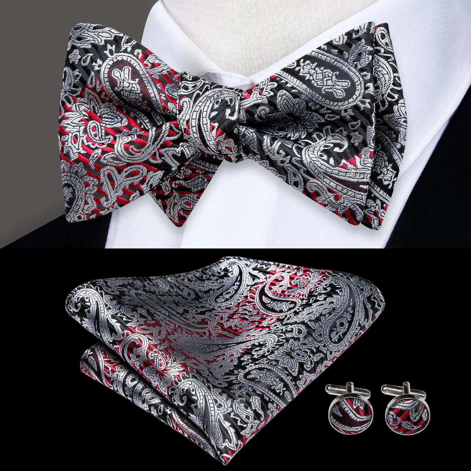 Hi-Tie Black Red Silver Paisley Self-tied Bow Tie Hanky Cufflinks Set