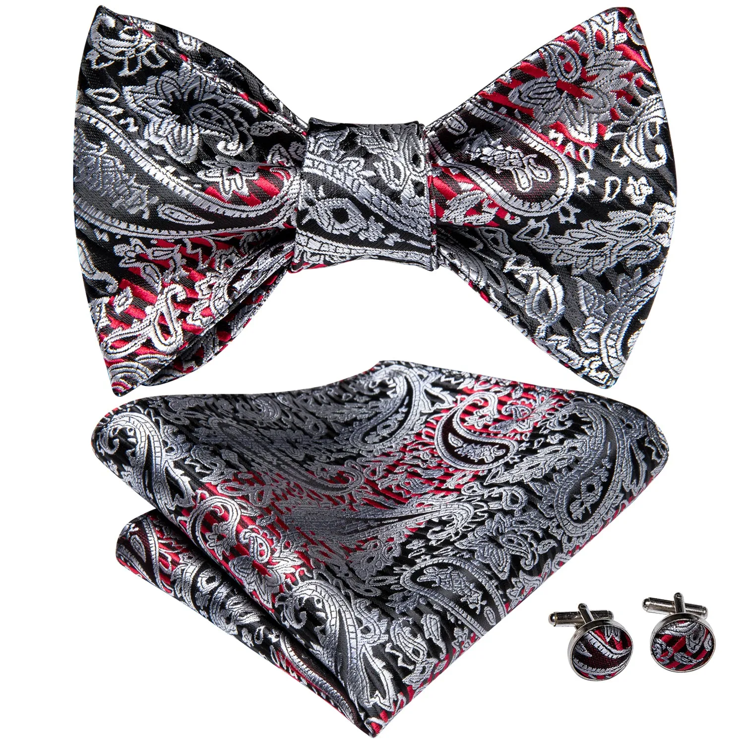 Hi-Tie Black Red Silver Paisley Self-tied Bow Tie Hanky Cufflinks Set