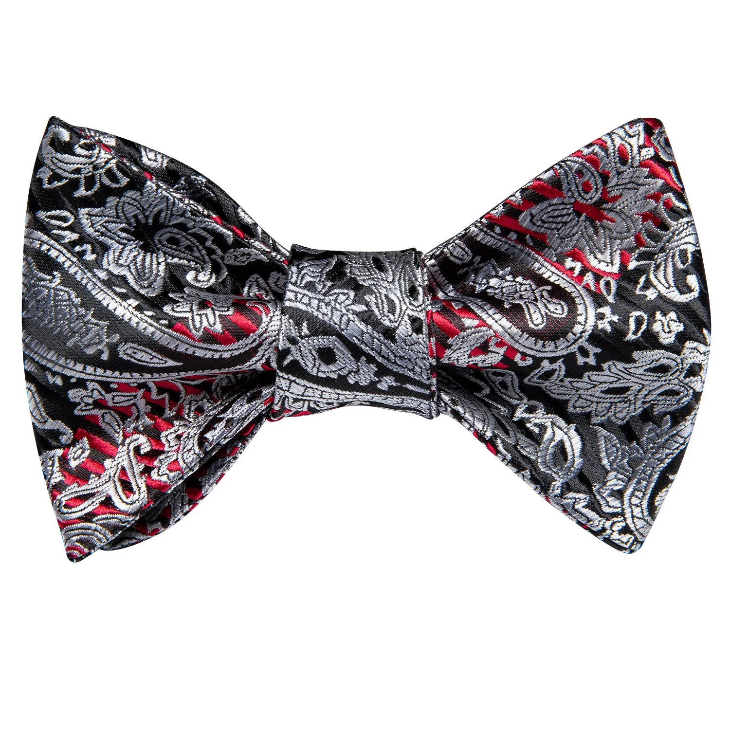 Hi-Tie Black Red Silver Paisley Self-tied Bow Tie Hanky Cufflinks Set