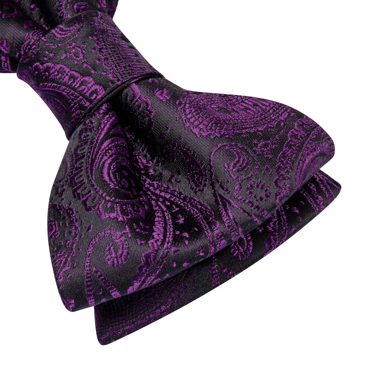 Hi-Tie Black Tie Purple Jacquard Paisley Men Bowtie Hanky Cufflinks Set