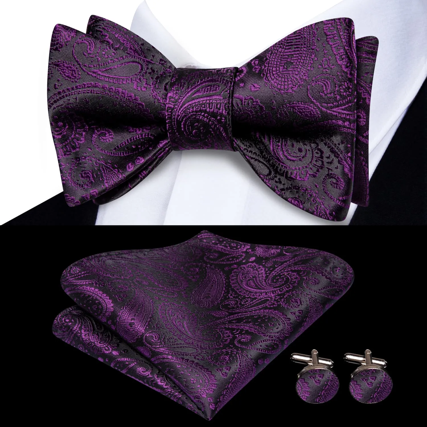 Hi-Tie Black Tie Purple Jacquard Paisley Men Bowtie Hanky Cufflinks Set