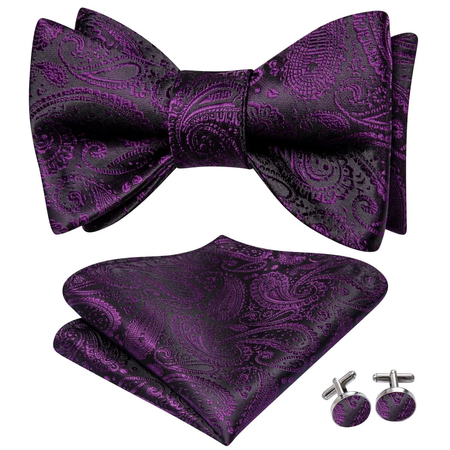 Hi-Tie Black Tie Purple Jacquard Paisley Men Bowtie Hanky Cufflinks Set