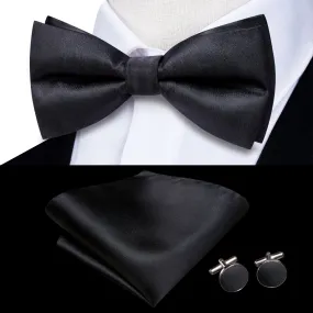 Hi-Tie Black Tie Solid Pre-tied Bow Tie Hanky Cufflinks Set