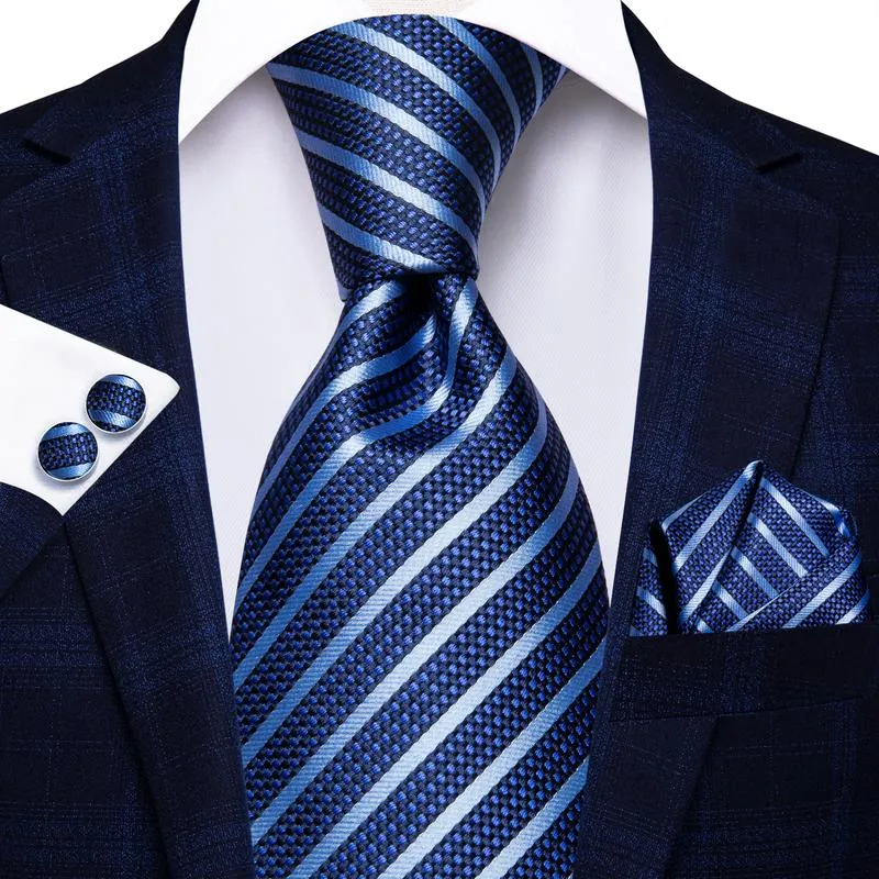 Hi-Tie Blue Striped Silk 63 Inches Necktie Handkerchief Cufflinks Set