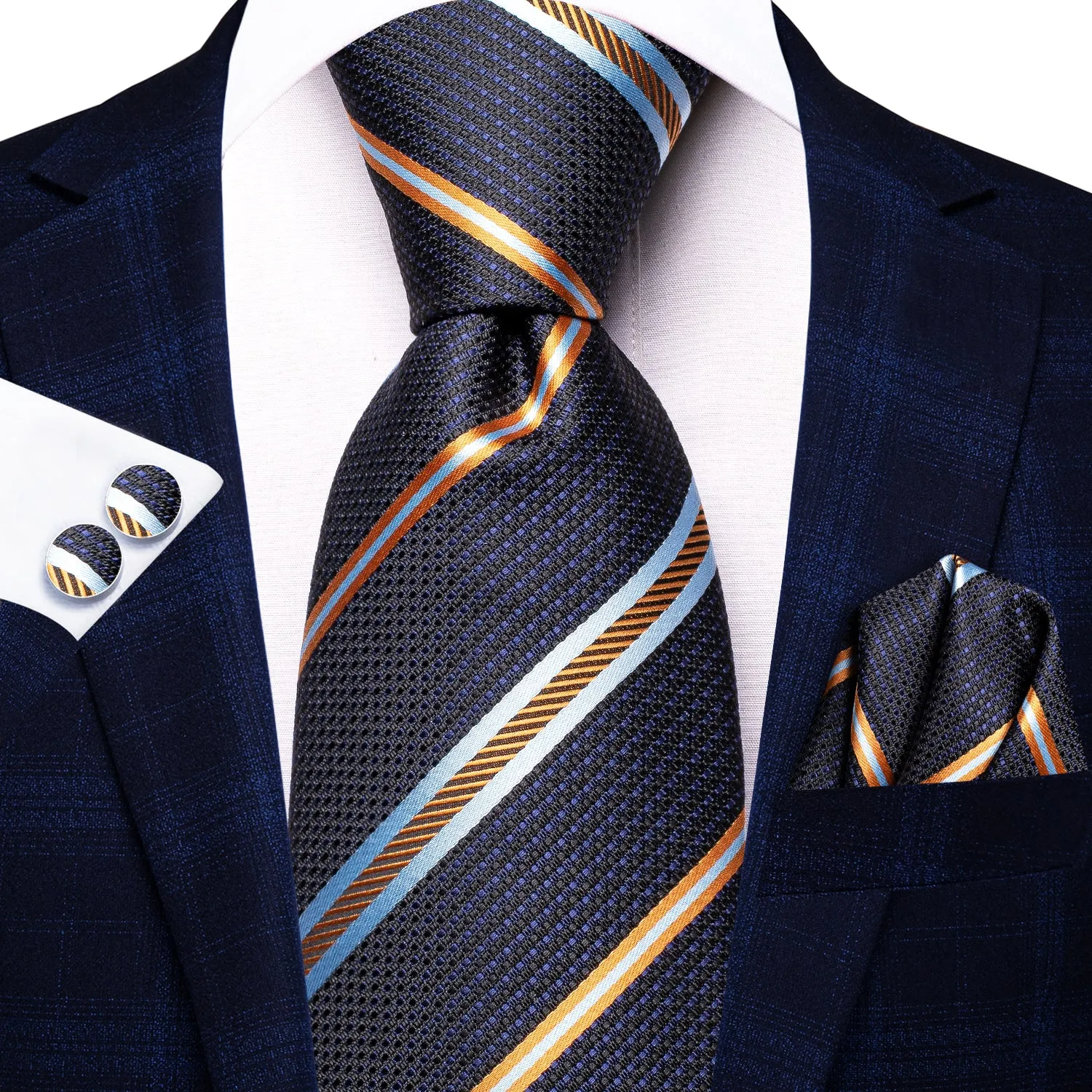 Hi-Tie Blue Yellow White Strip Silk Tie Pocket Square Cufflinks Set