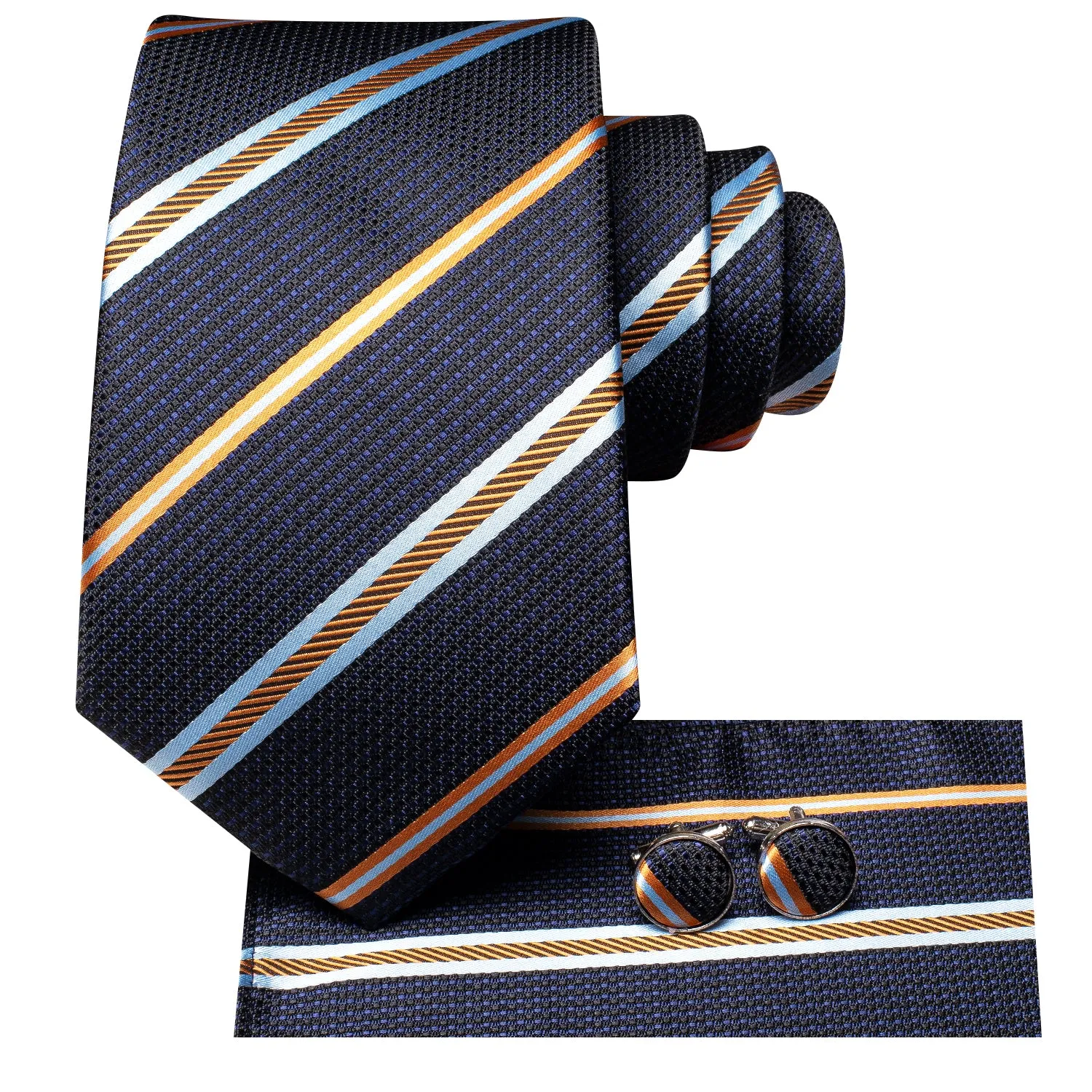 Hi-Tie Blue Yellow White Strip Silk Tie Pocket Square Cufflinks Set