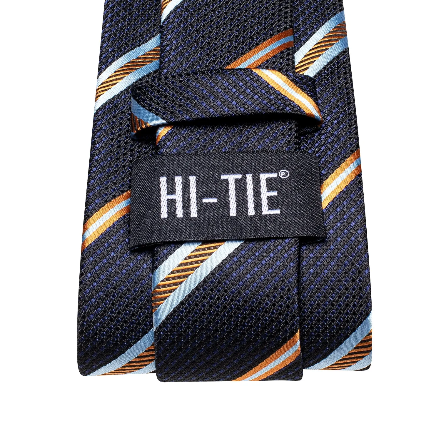 Hi-Tie Blue Yellow White Strip Silk Tie Pocket Square Cufflinks Set