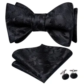 Hi-Tie Bow Tie Black Paisley Jacquard Mens Bowtie Hanky Cufflinks Set