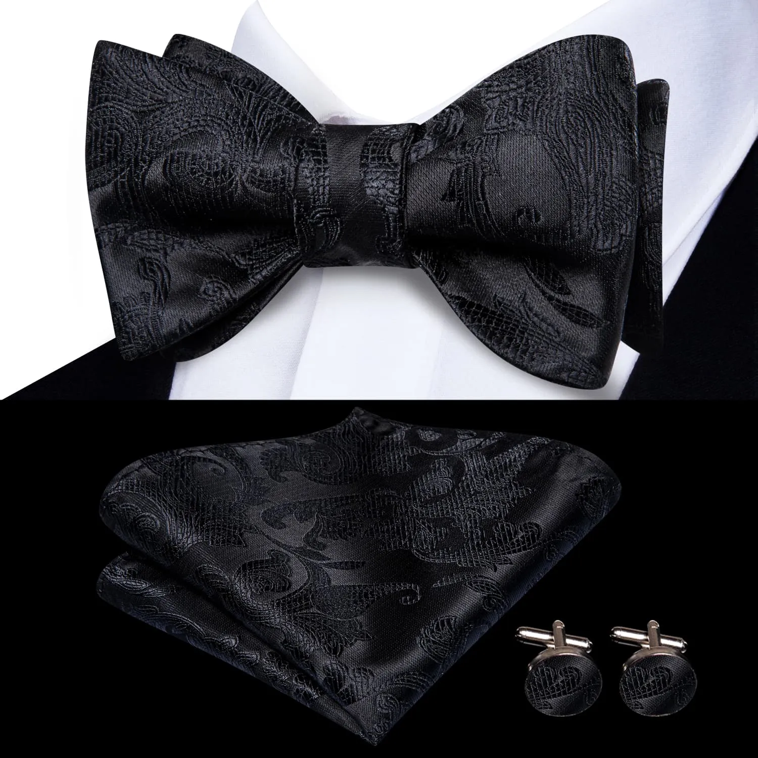 Hi-Tie Bow Tie Black Paisley Jacquard Mens Bowtie Hanky Cufflinks Set